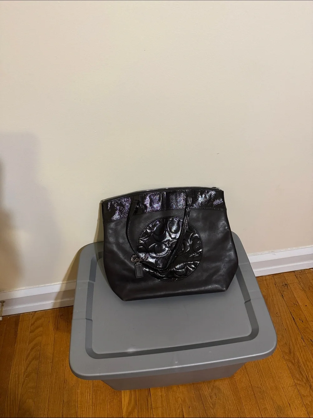 Coach Dark Brown Leather Tote with Quilted Gloss Circle Detail